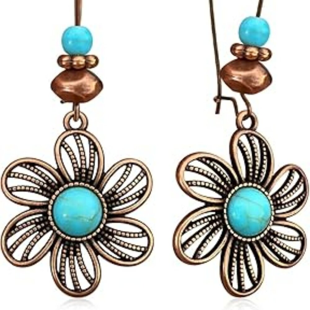 Boho Dangle Drop Floral Earrings Flower Bohemian w Turquoise Fashion Necklace